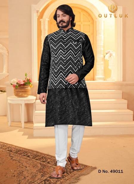 Black Art Silk Wedding Wear Kurta Pajama With Jacket Mens Collection 49011